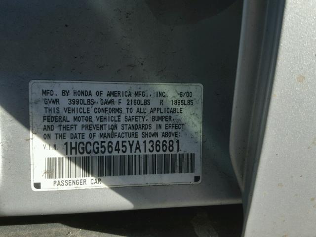 1HGCG5645YA136681 - 2000 HONDA ACCORD LX SILVER photo 10