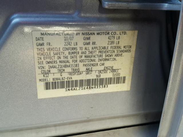 1N4AL21E48N435383 - 2008 NISSAN ALTIMA 2.5 SILVER photo 10