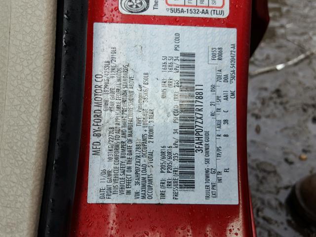 3FAHP07ZX7R178811 - 2007 FORD FUSION SE RED photo 10
