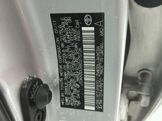 JTDKN3DUXB0275726 - 2011 TOYOTA PRIUS SILVER photo 10