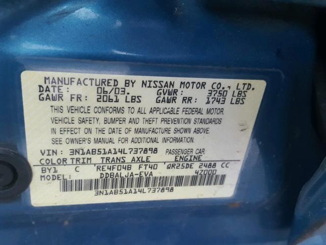 3N1AB51A14L737898 - 2004 NISSAN SENTRA 2.5 BLUE photo 10