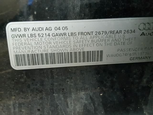 WAUDG74F65N117092 - 2005 AUDI A6 3.2 QUA BLACK photo 10