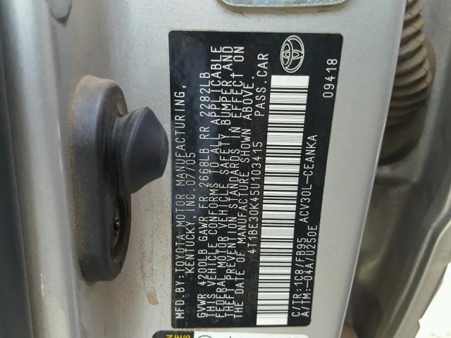 4T1BE30K45U103415 - 2005 TOYOTA CAMRY LE SILVER photo 10