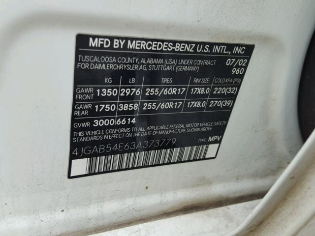 4JGAB54E63A373779 - 2003 MERCEDES-BENZ ML 320 WHITE photo 10