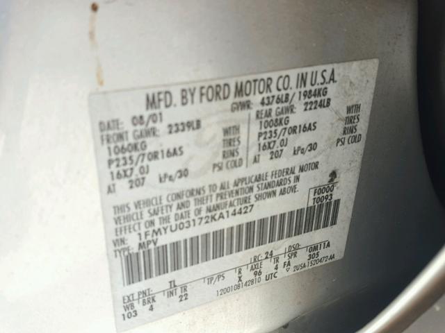 1FMYU03172KA14427 - 2002 FORD ESCAPE XLT SILVER photo 10