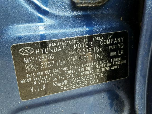 KMHWF25S43A903776 - 2003 HYUNDAI SONATA GL BLUE photo 10