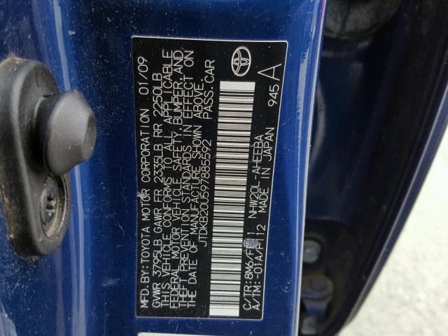 JTDKB20U597885592 - 2009 TOYOTA PRIUS BLUE photo 10