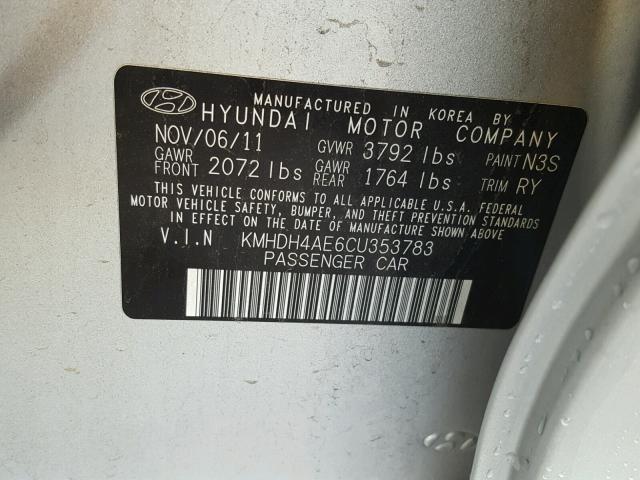 KMHDH4AE6CU353783 - 2012 HYUNDAI ELANTRA GL SILVER photo 10