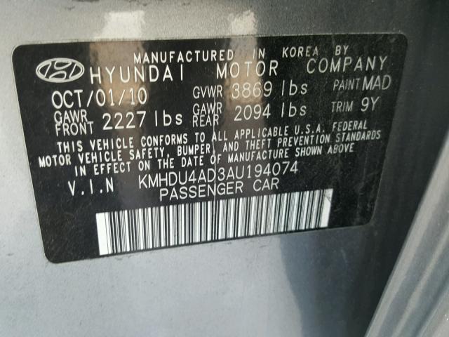 KMHDU4AD3AU194074 - 2010 HYUNDAI ELANTRA BL GRAY photo 10