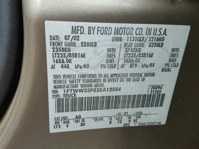 1FTWW33F03EA12554 - 2003 FORD F350 SUPER BROWN photo 10