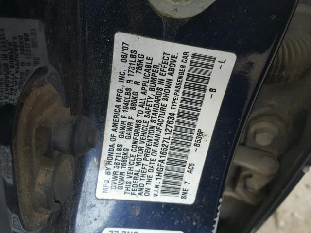 1HGFA16527L127634 - 2007 HONDA CIVIC LX BLUE photo 10