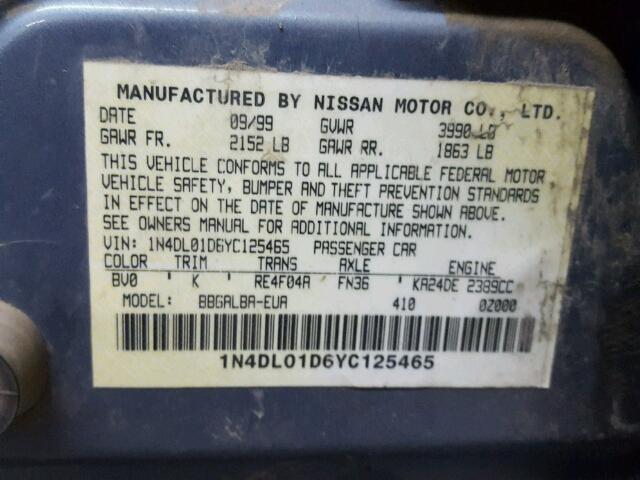 1N4DL01D6YC125465 - 2000 NISSAN ALTIMA XE BLUE photo 10