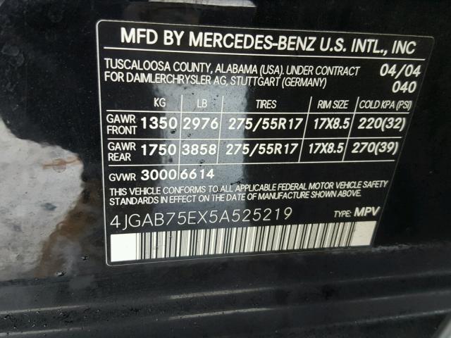 4JGAB75EX5A525219 - 2005 MERCEDES-BENZ ML 500 BLACK photo 10