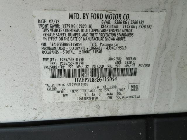 1FAHP2E88EG115054 - 2014 FORD TAURUS SEL WHITE photo 10