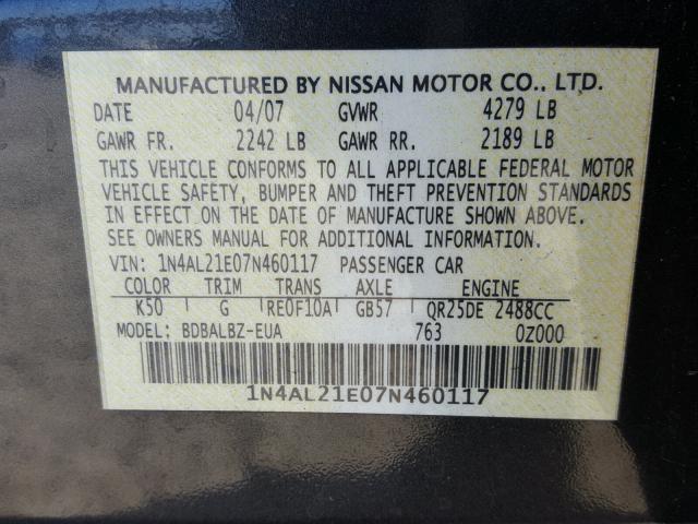 1N4AL21E07N460117 - 2007 NISSAN ALTIMA 2.5 GRAY photo 10