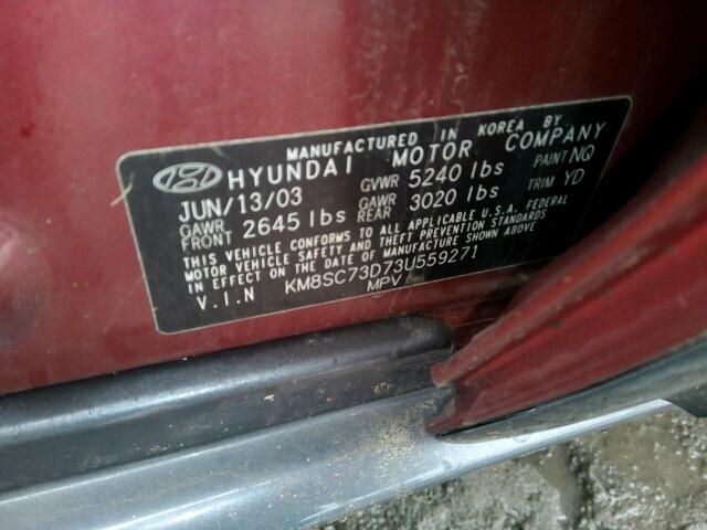 KM8SC73D73U559271 - 2003 HYUNDAI SANTA FE G RED photo 10