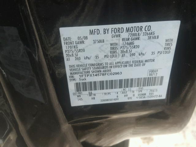 1FTPX14578FC02963 - 2008 FORD F150 BLACK photo 10