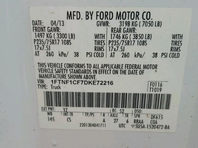 1FTNF1CF7DKE72216 - 2013 FORD F150 Ağ foto 10