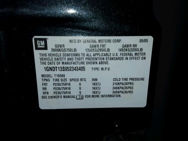 1GNDT13S952343405 - 2005 CHEVROLET TRAILBLAZE BLACK photo 10