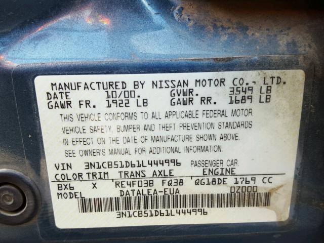 3N1CB51D61L444996 - 2001 NISSAN SENTRA XE BLUE photo 10