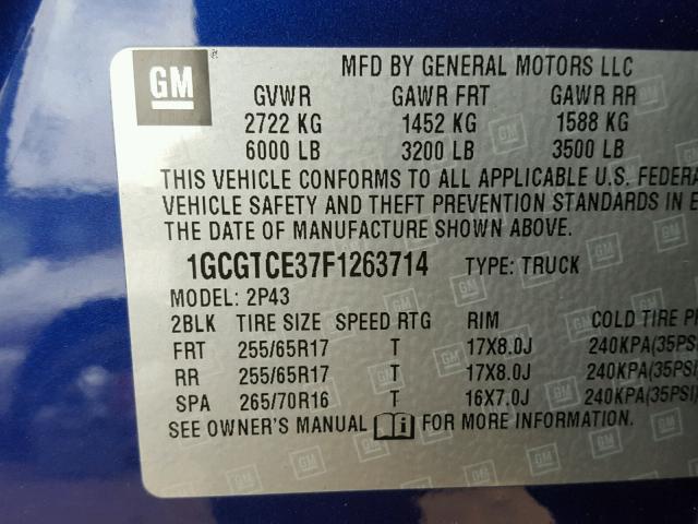 1GCGTCE37F1263714 - 2015 CHEVROLET COLORADO Z BLUE photo 10