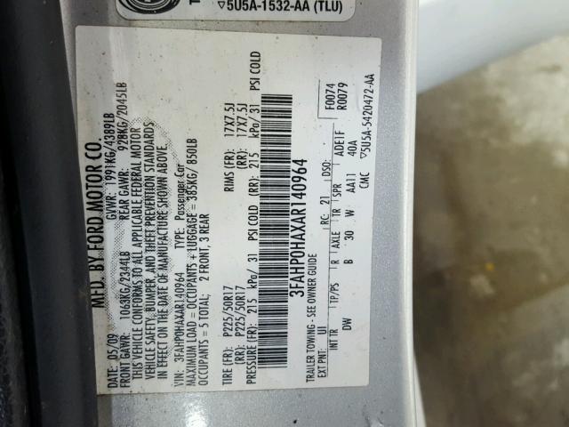 3FAHP0HAXAR140964 - 2010 FORD FUSION SE SILVER photo 10