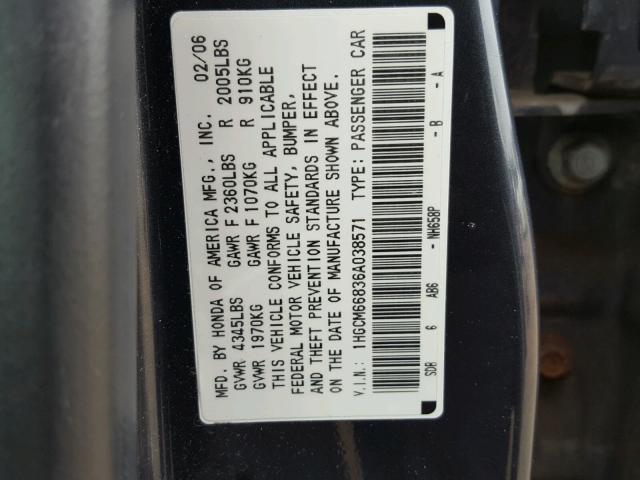 1HGCM66836A038571 - 2006 HONDA ACCORD EX GRAY photo 10