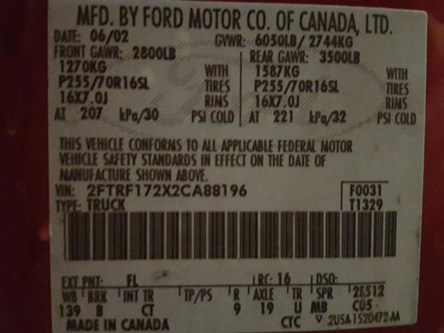 2FTRF172X2CA88196 - 2002 FORD F150 RED photo 10