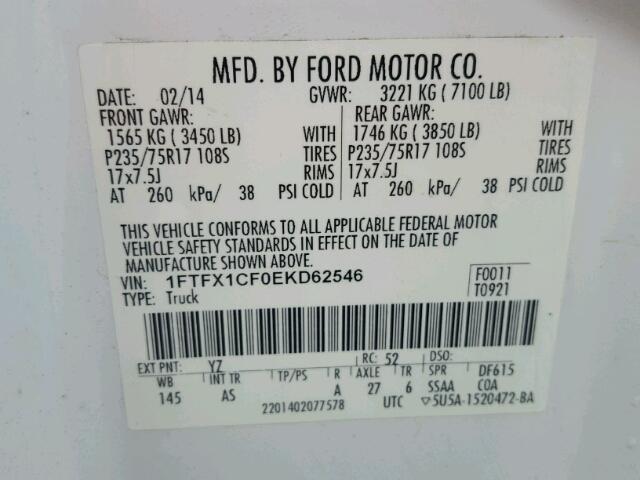 1FTFX1CF0EKD62546 - 2014 FORD F150 SUPER WHITE photo 10