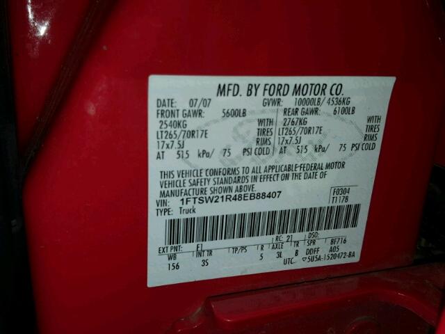 1FTSW21R48EB88407 - 2008 FORD F250 SUPER RED photo 10