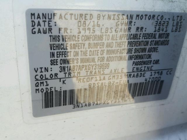 3N1AB7APXGY319699 - 2016 NISSAN SENTRA S WHITE photo 10