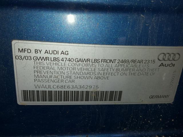 WAULC68E63A342975 - 2003 AUDI A4 1.8T QU BLUE photo 10