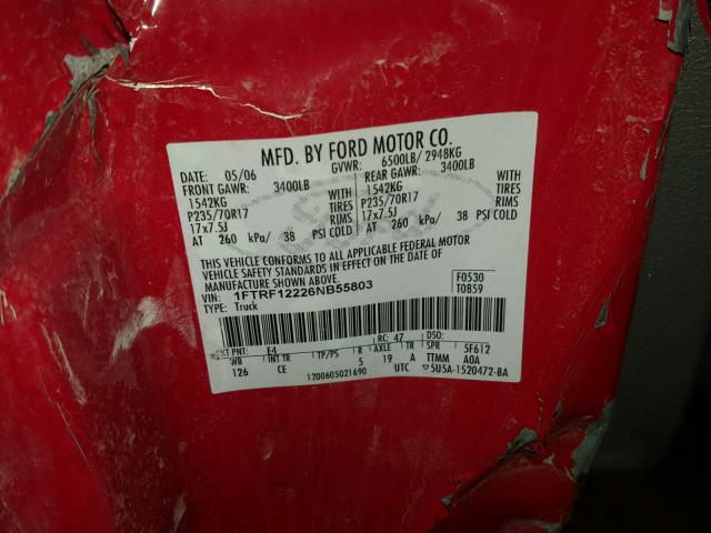 1FTRF12226NB55803 - 2006 FORD F150 RED photo 10