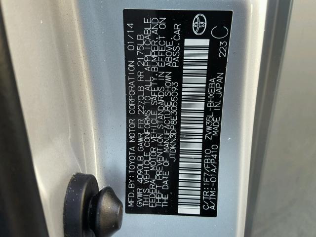 JTDKN3DP8E3055093 - 2014 TOYOTA PRIUS PLUG SILVER photo 10