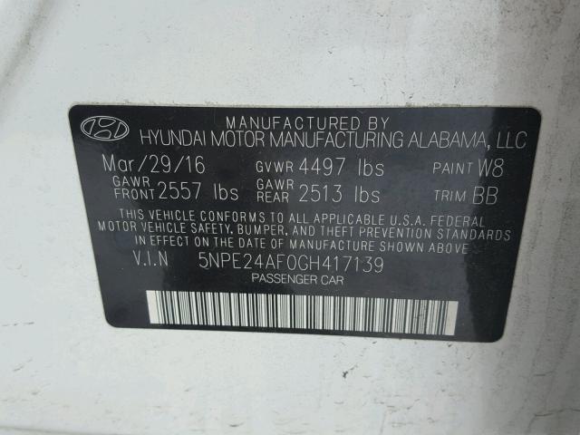 5NPE24AF0GH417139 - 2016 HYUNDAI SONATA SE WHITE photo 10