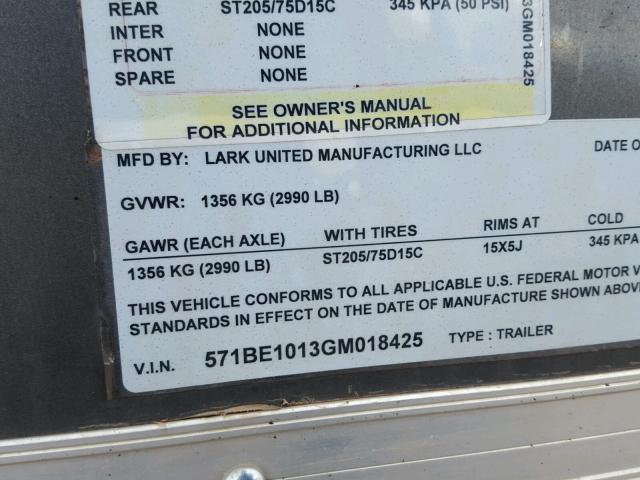 571BE1013GM018425 - 2016 LARK TRAILER BLACK photo 10