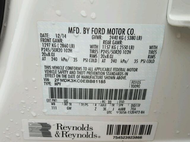 2FMDK3KC0EBB81185 - 2014 FORD EDGE LIMIT Beyaz fotoğraf 10