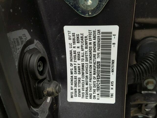 19XFC1F83HE010528 - 2017 HONDA CIVIC EX GRAY photo 10