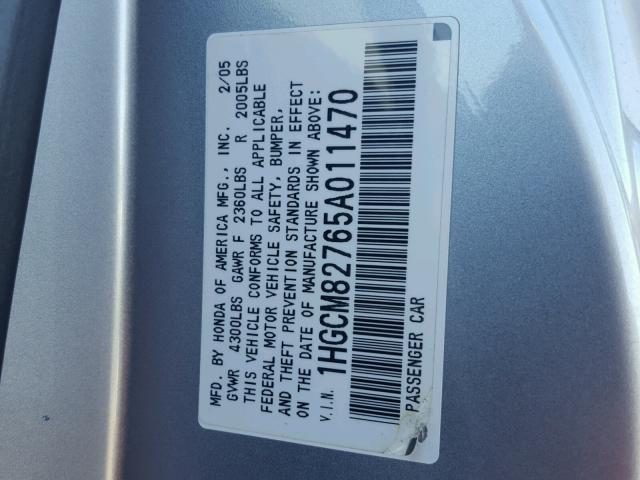 1HGCM82765A011470 - 2005 HONDA ACCORD SILVER photo 10