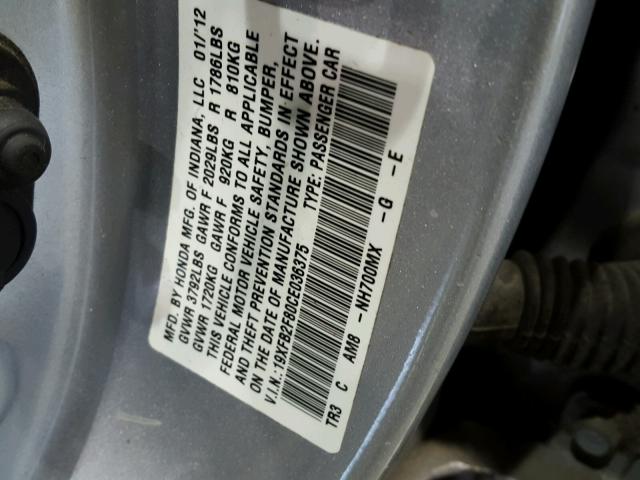 19XFB2F80CE036375 - 2012 HONDA CIVIC EX GRAY photo 10