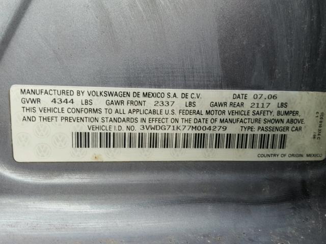 3VWDG71K77M004279 - 2007 VOLKSWAGEN JETTA 2.5 GRAY photo 10