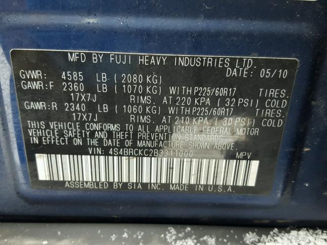 4S4BRCKC2B3311000 - 2011 SUBARU OUTBACK 2. BLUE photo 10