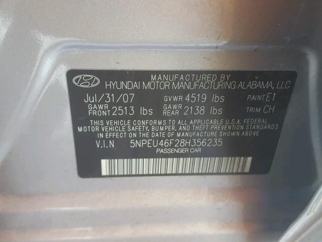 5NPEU46F28H356235 - 2008 HYUNDAI SONATA SE GRAY photo 10