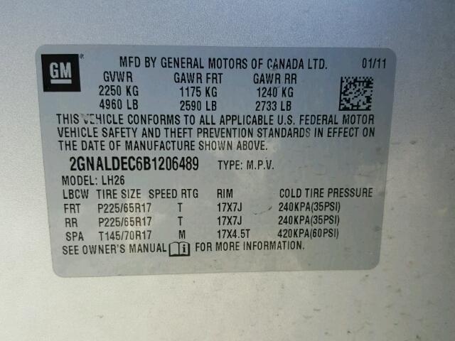 2GNALDEC6B1206489 - 2011 CHEVROLET EQUINOX LT SILVER photo 10