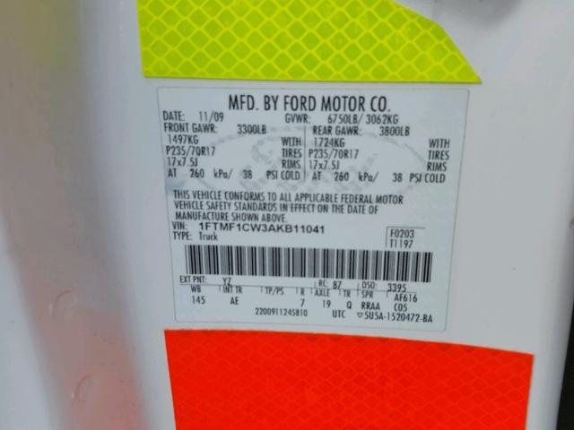 1FTMF1CW3AKB11041 - 2010 FORD F150 WHITE photo 10