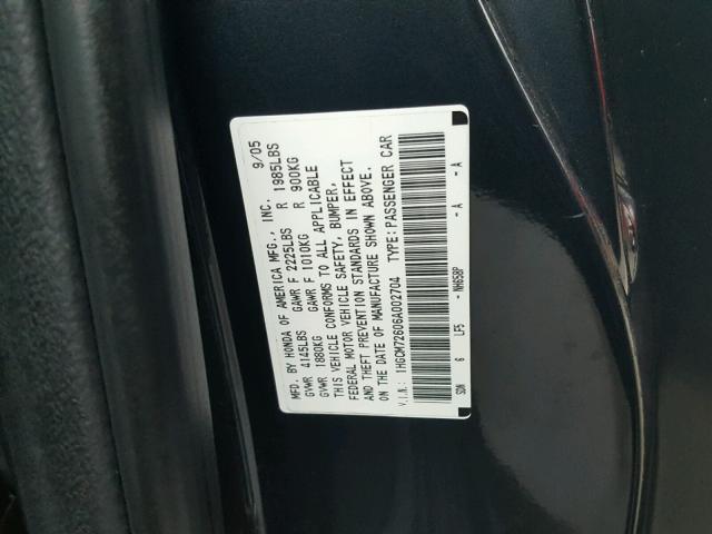 1HGCM72606A002704 - 2006 HONDA ACCORD EX BLACK photo 10