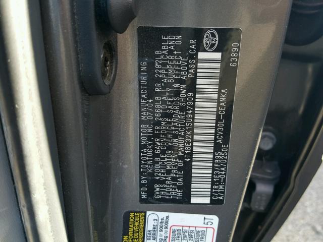 4T1BE32K15U947909 - 2005 TOYOTA CAMRY LE GRAY photo 10