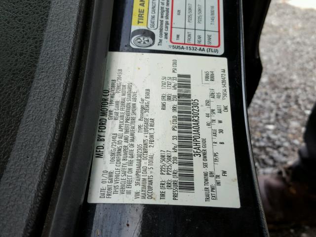 3FAHP0JA0AR302305 - 2010 FORD FUSION SEL BLACK photo 10