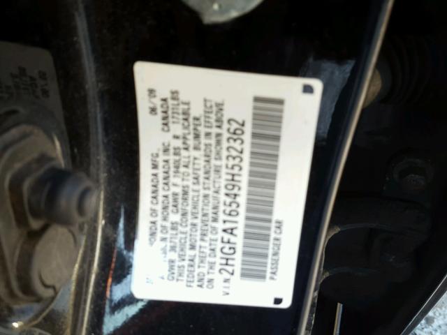 2HGFA16549H532362 - 2009 HONDA CIVIC LX BLACK photo 10