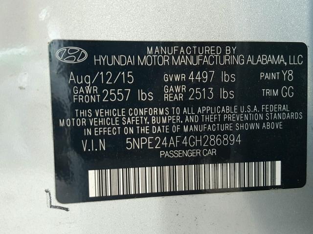 5NPE24AF4GH286894 - 2016 HYUNDAI SONATA SE SILVER photo 10